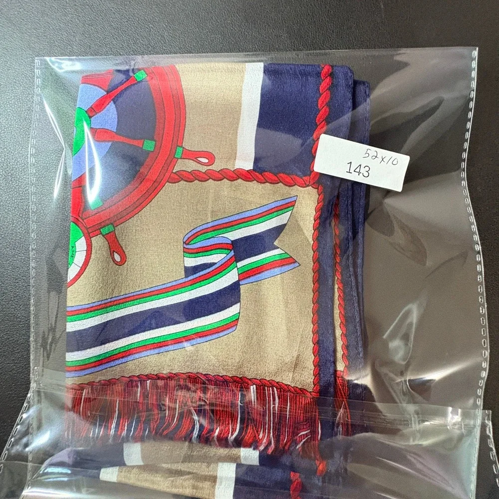 Liz Claiborne Silk Scarf Nautical Ship Wheel Navy Tan Striped‎ Fringe 52x10